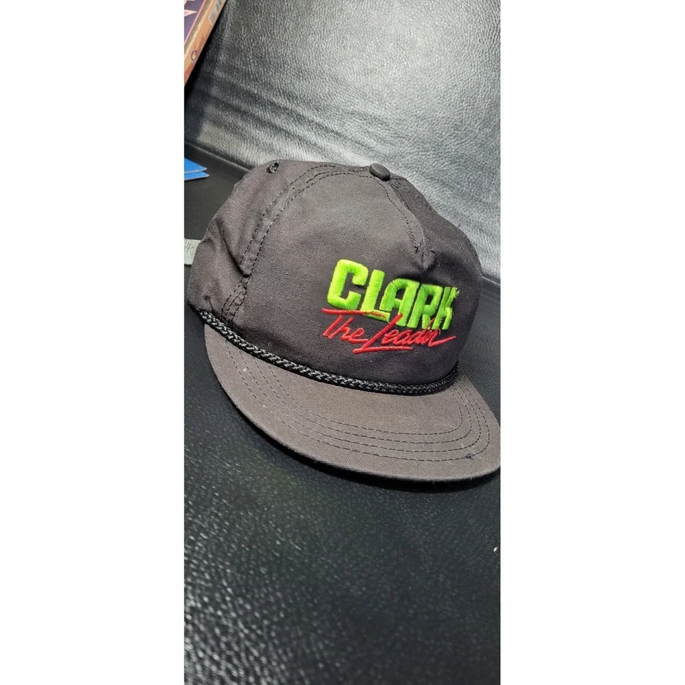 Vintage 80s Clark The Leader Trucker‎ Hat Leather Strap Snapback Black Mesh